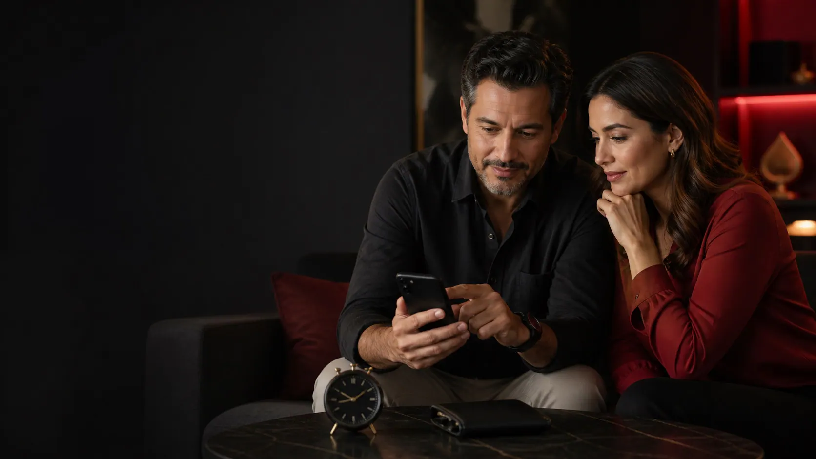 Dos adultos revisando límites de tiempo y presupuesto antes de usar el teléfono